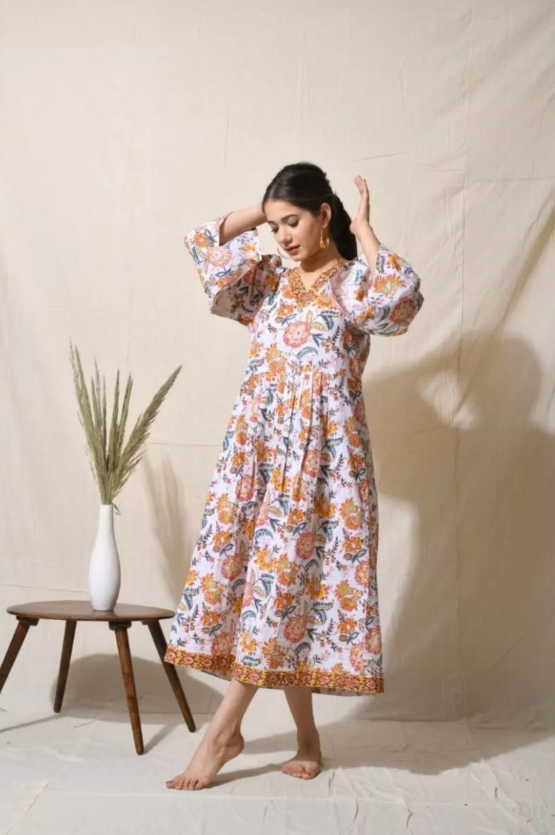 Pure Cotton Hand Block Print Dress - DWEEP SARA