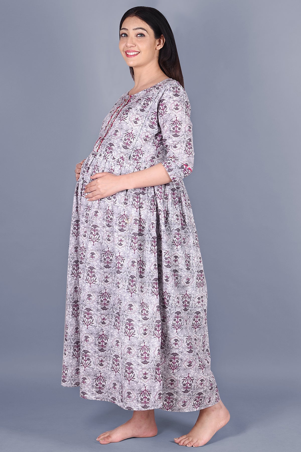 Purple And White Block Printed Maternity Dress - DWEEP SARA