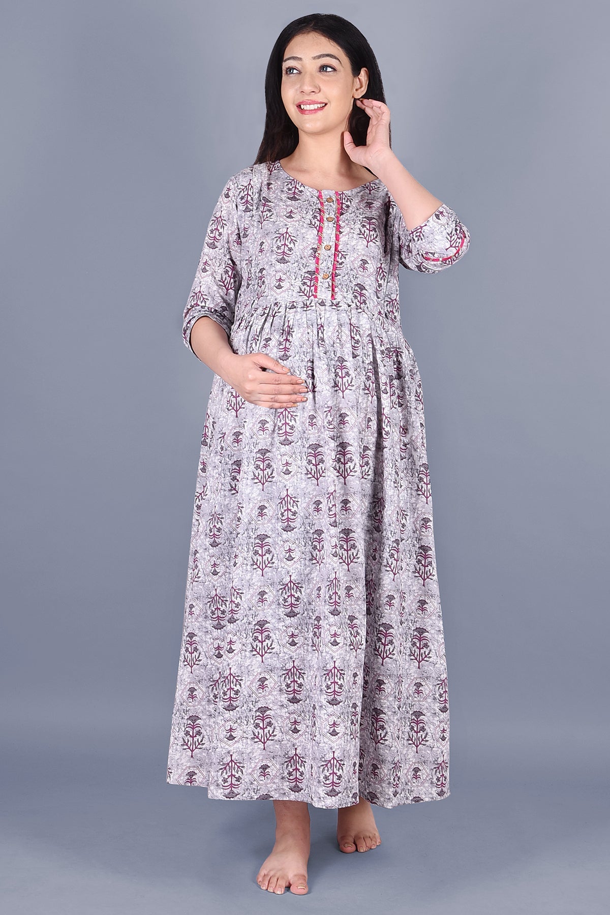 Purple And White Block Printed Maternity Dress - DWEEP SARA