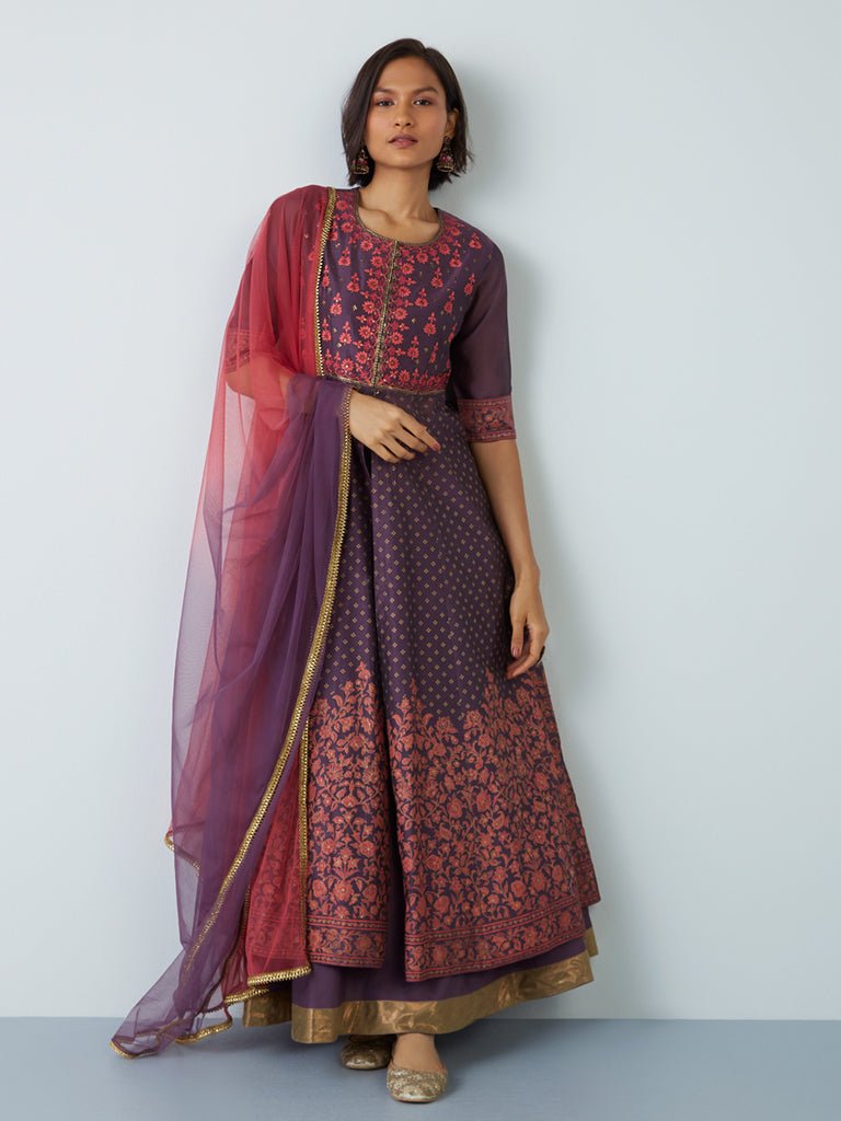 Purple Embroidered Anarkali And Ghagra Suit Set - DWEEP SARA