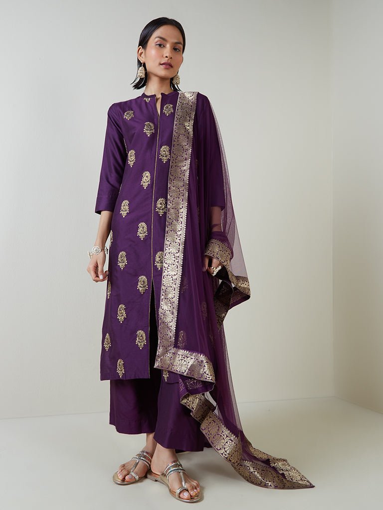 Purple Embroidered Suit Set - DWEEP SARA