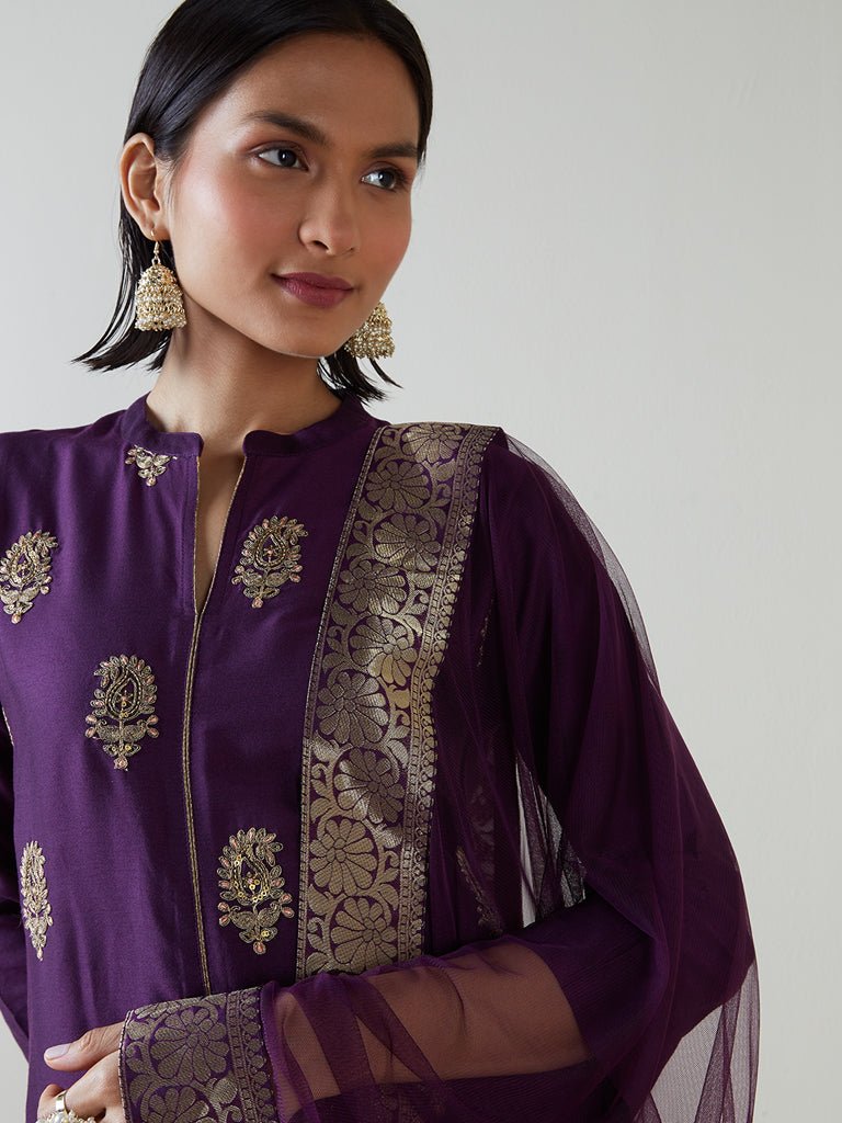 Purple Embroidered Suit Set - DWEEP SARA