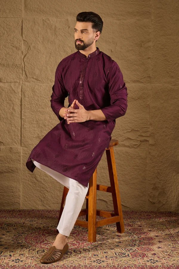 Purple Viscose Rayon Solid Embroidered Straight Mens Kurta - DWEEP SARA