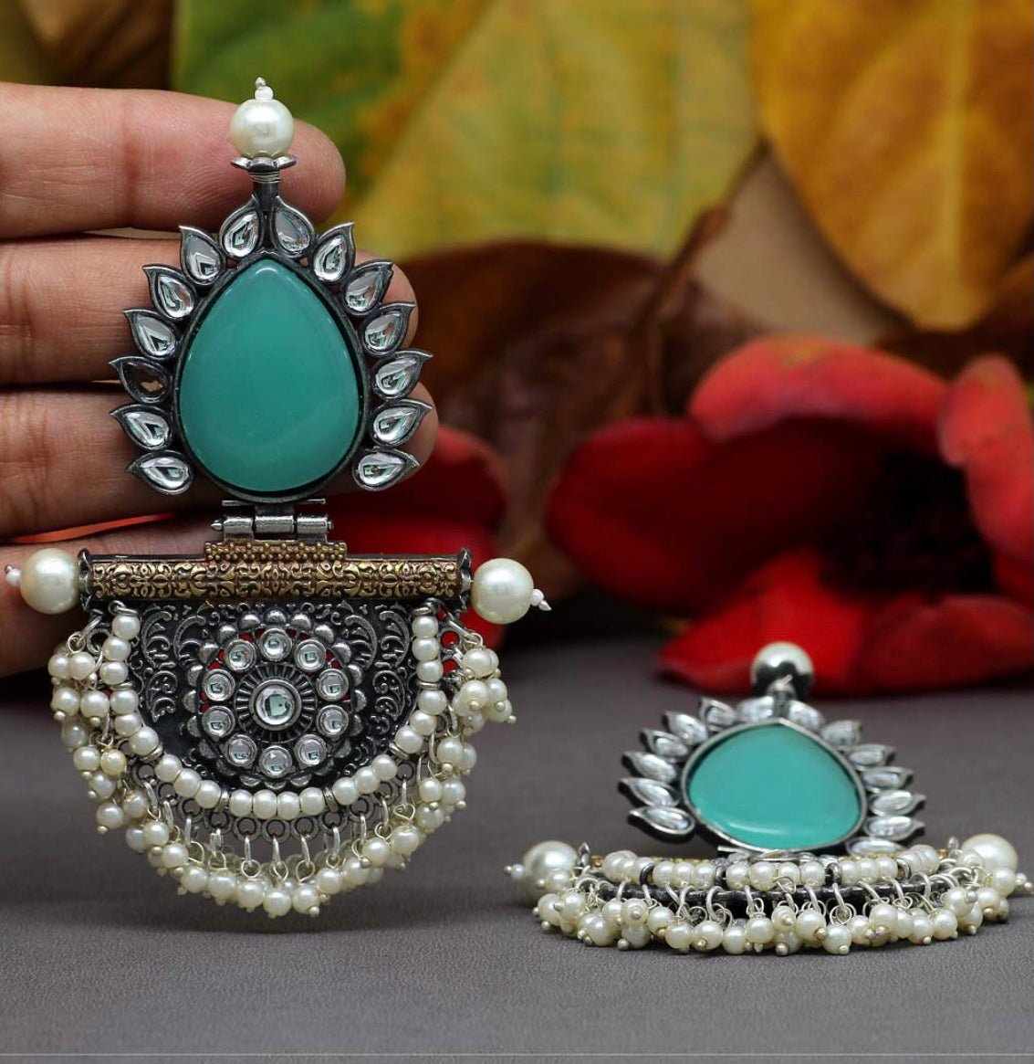 Rama Green Color Glass Stone Oxidized Earring - DWEEP SARA