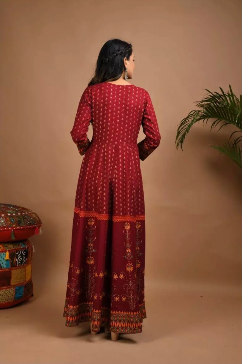 Rayon Red With Gold and Peach Print Dress - DWEEP SARA