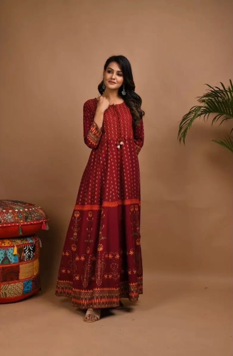 Rayon Red With Gold and Peach Print Dress - DWEEP SARA