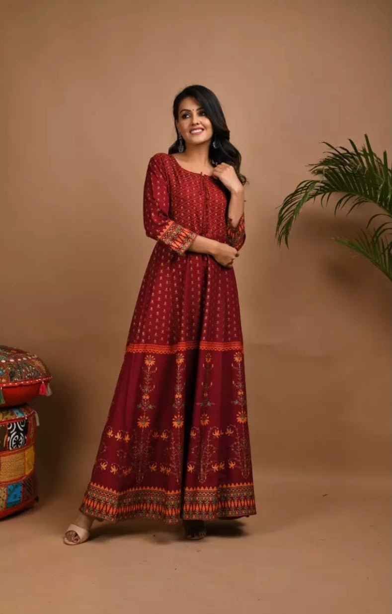 Rayon Red With Gold and Peach Print Dress - DWEEP SARA