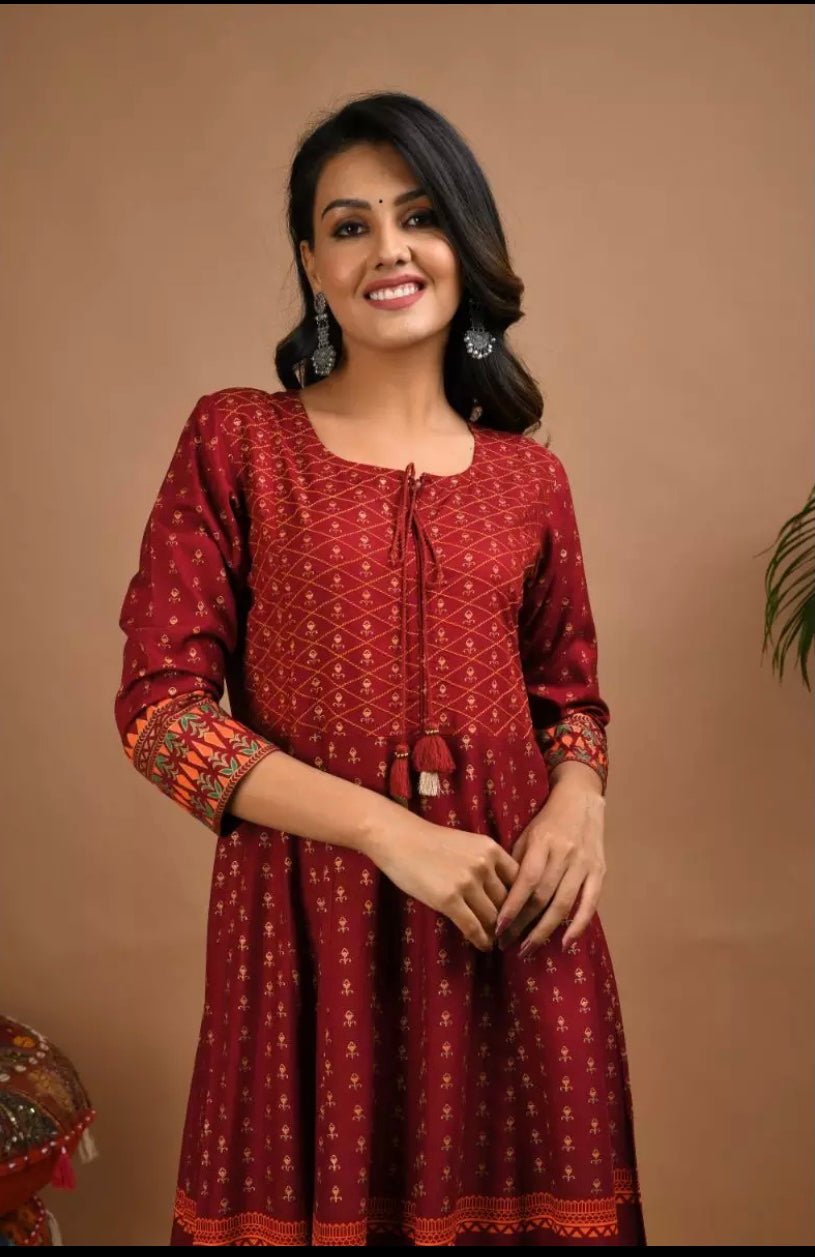 Rayon Red With Gold and Peach Print Dress - DWEEP SARA