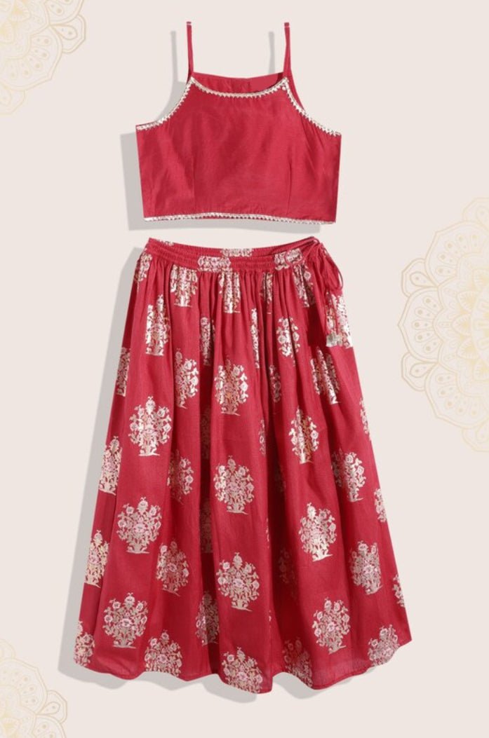 Red Art Silk Printed Kids Lehenga Set - DWEEP SARA