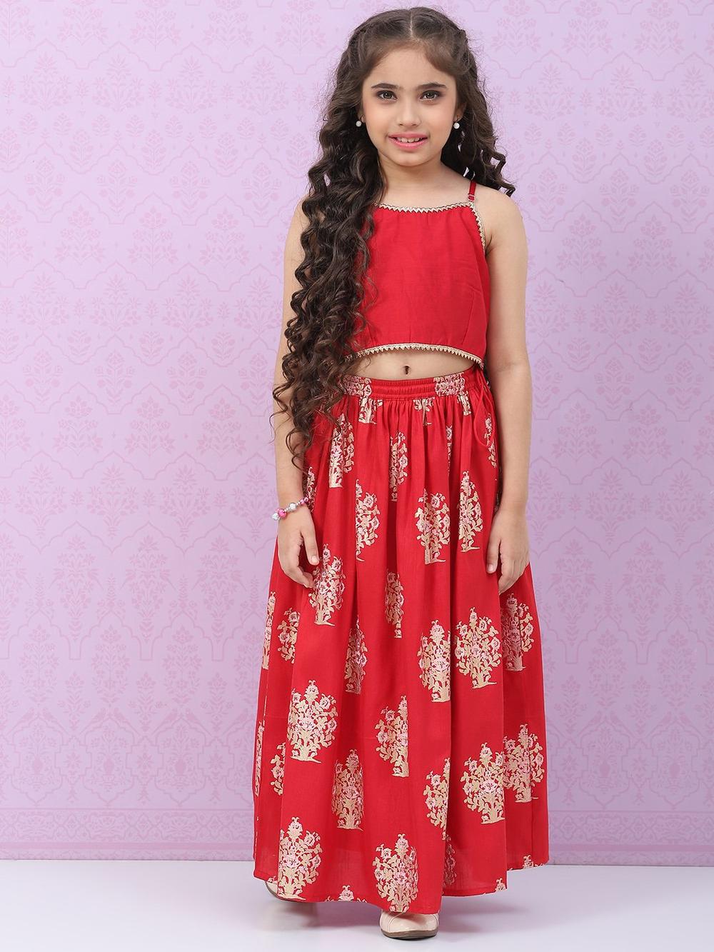 Red Art Silk Printed Kids Lehenga Set - DWEEP SARA