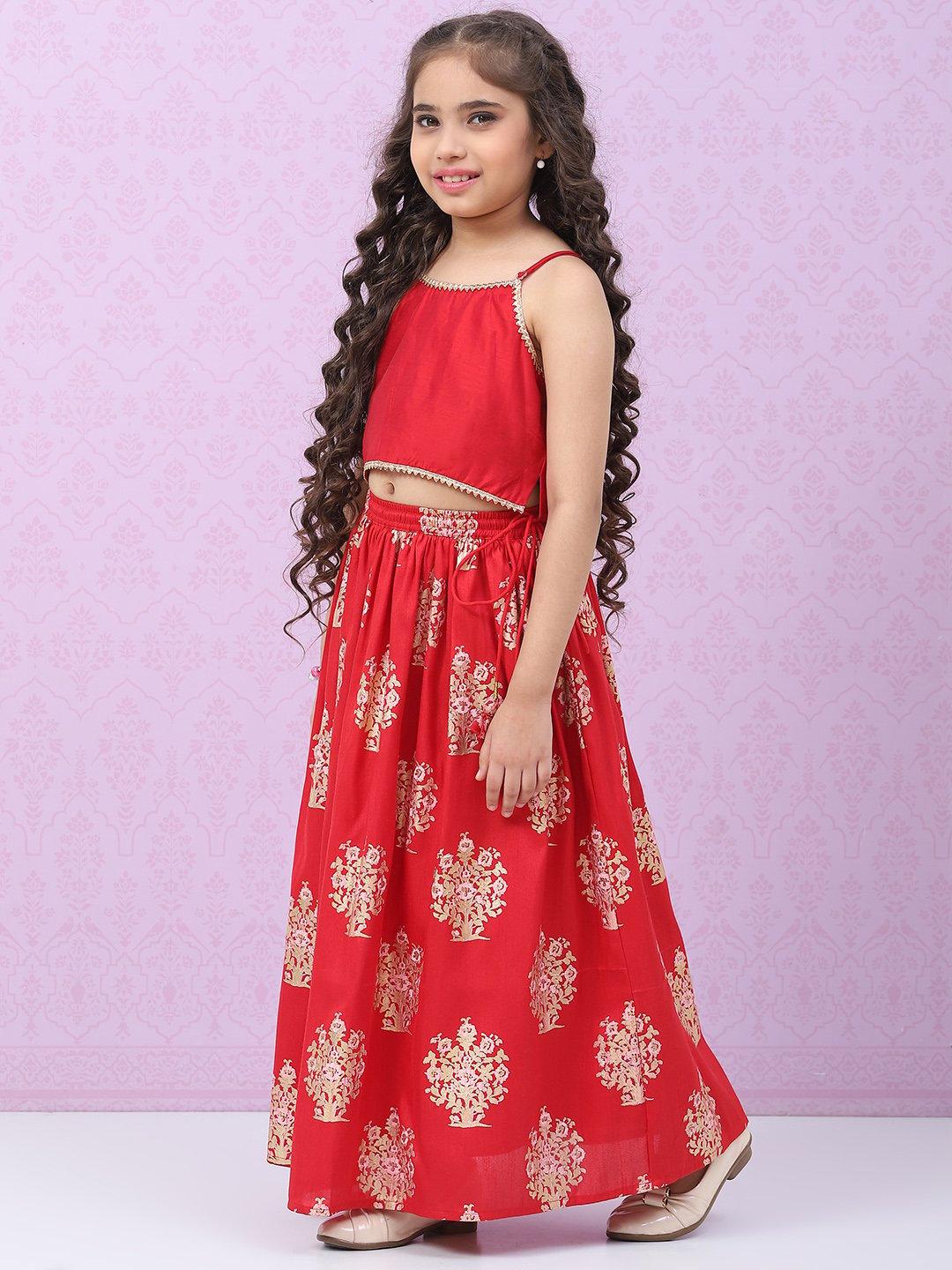 Red Art Silk Printed Kids Lehenga Set - DWEEP SARA