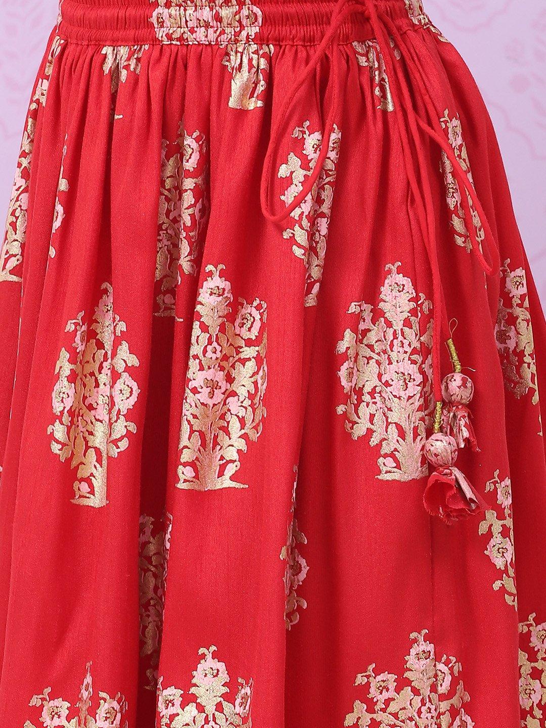 Red Art Silk Printed Kids Lehenga Set - DWEEP SARA