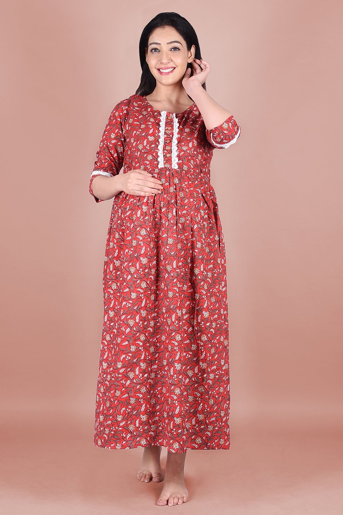 Red Block Printed Maternity Cotton Dress - DWEEP SARA