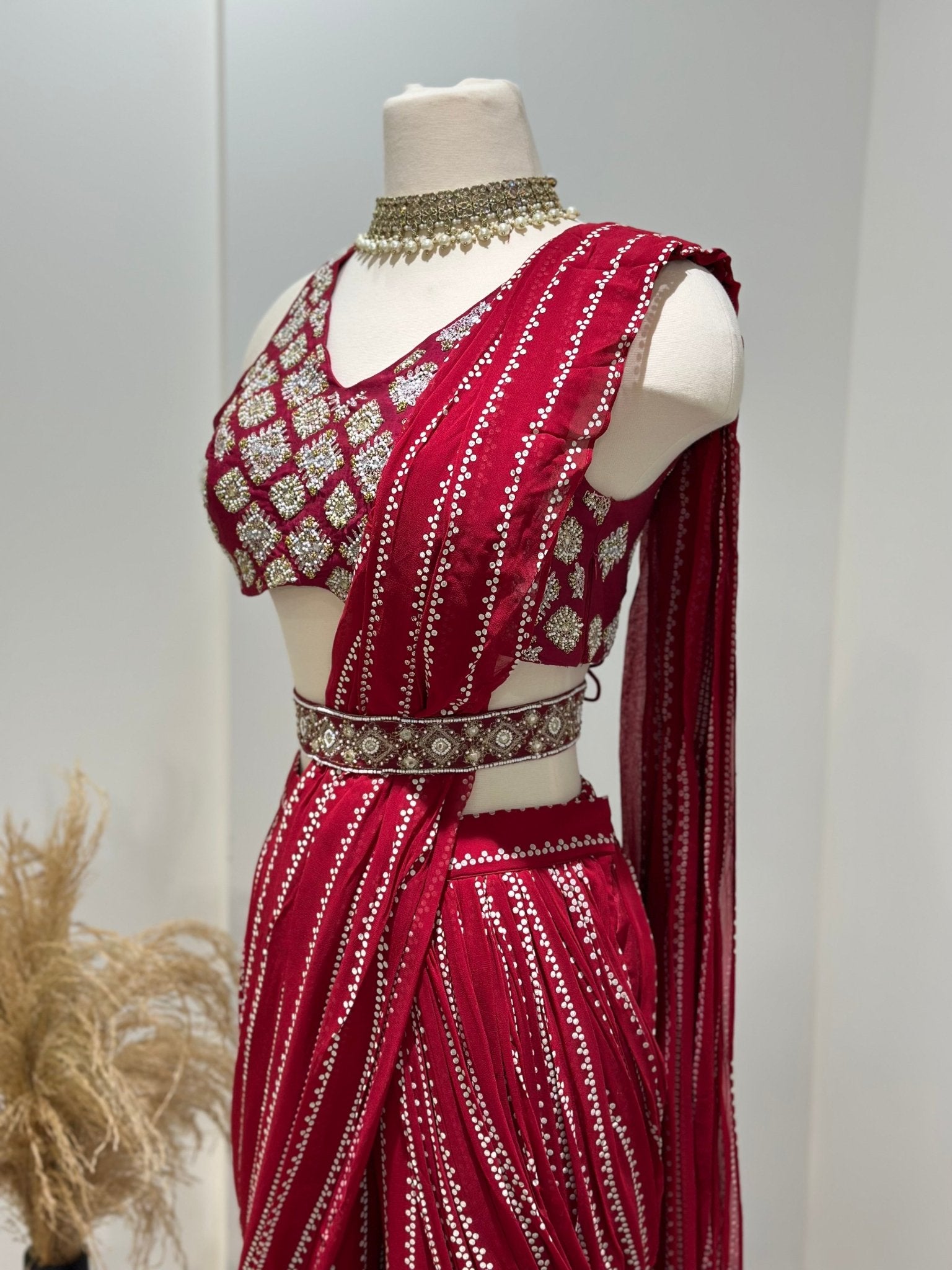 Red Embroidered Predraped Sharara Saree - DWEEP SARA