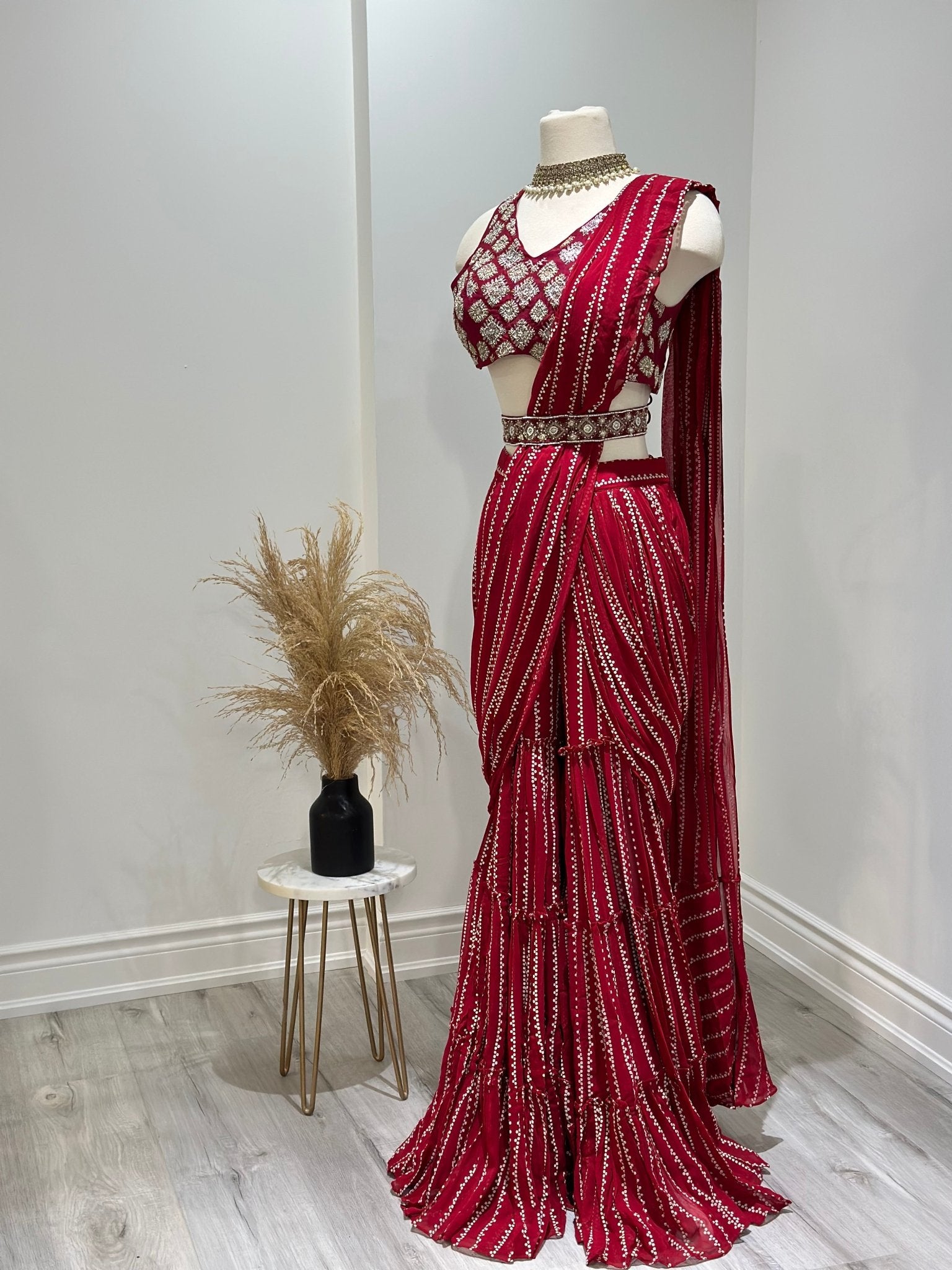 Red Embroidered Predraped Sharara Saree - DWEEP SARA