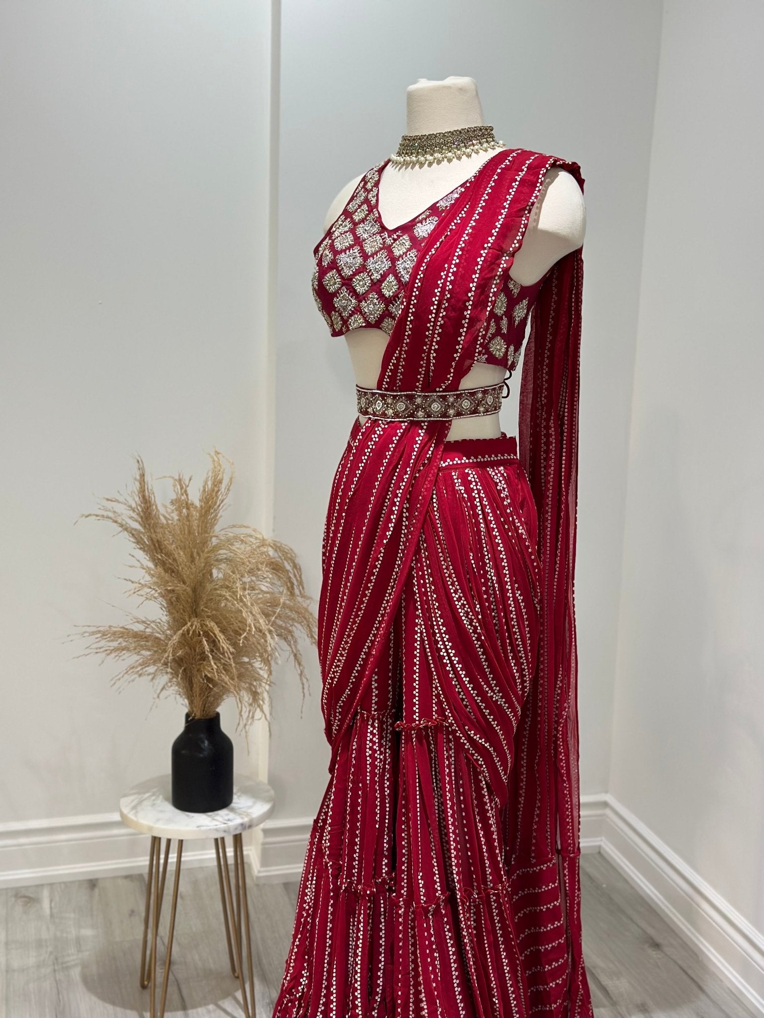 Red Embroidered Predraped Sharara Saree - DWEEP SARA