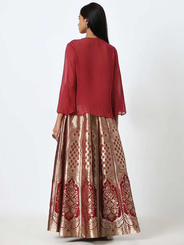 Red Embroidered Top with Inner and Brocade Skirt Set - DWEEP SARA