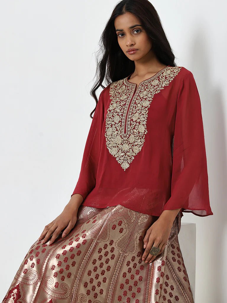 Red Embroidered Top with Inner and Brocade Skirt Set - DWEEP SARA