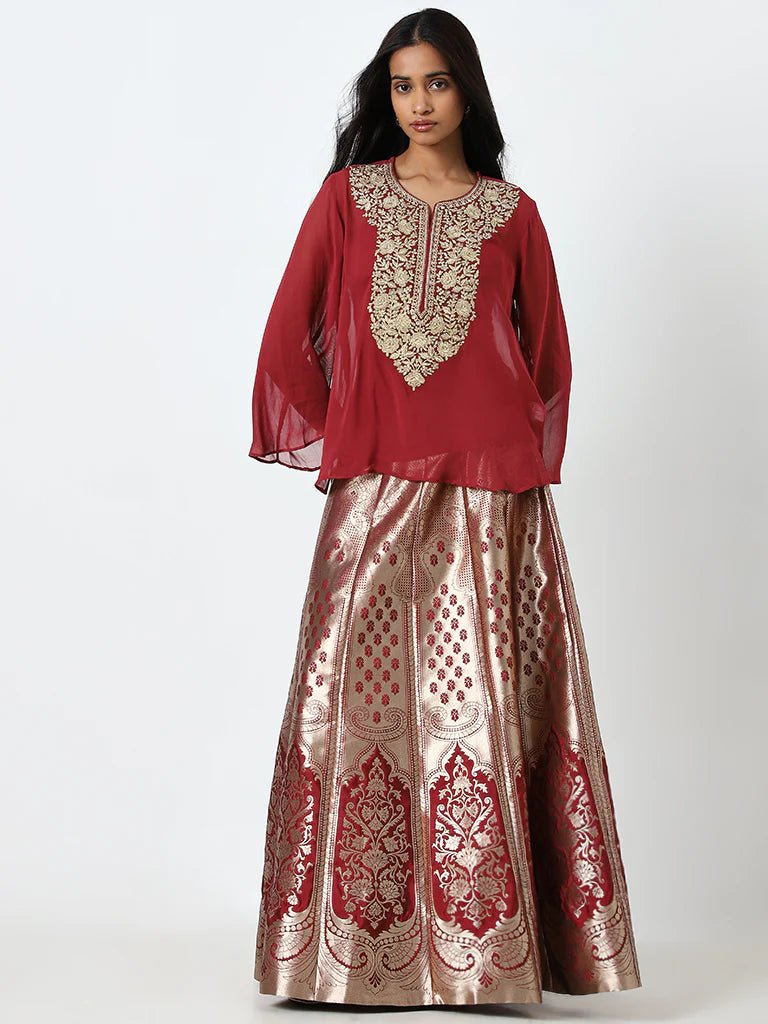 Red Embroidered Top with Inner and Brocade Skirt Set - DWEEP SARA