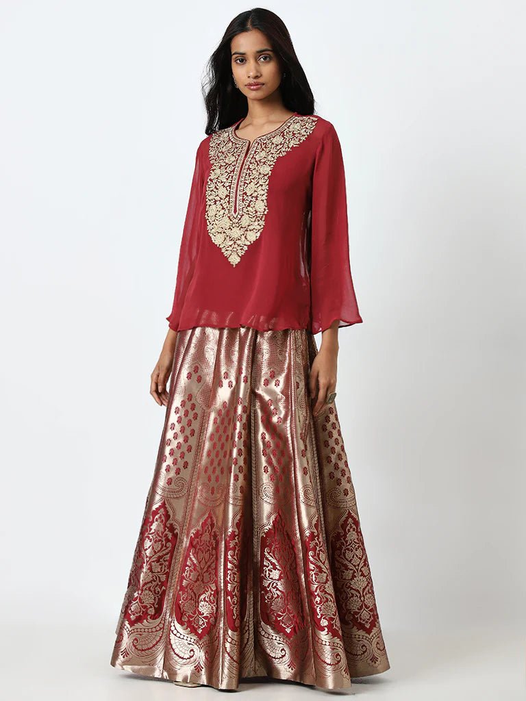 Red Embroidered Top with Inner and Brocade Skirt Set - DWEEP SARA