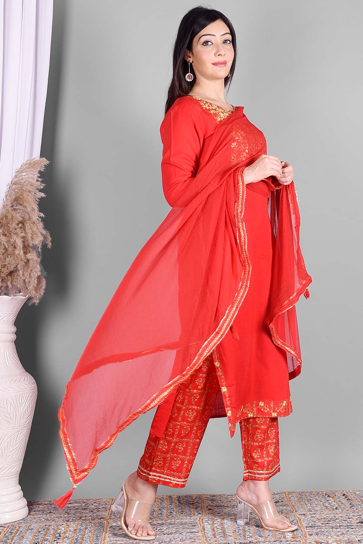 Red Ethnic Embroidered Suit Set - DWEEP SARA