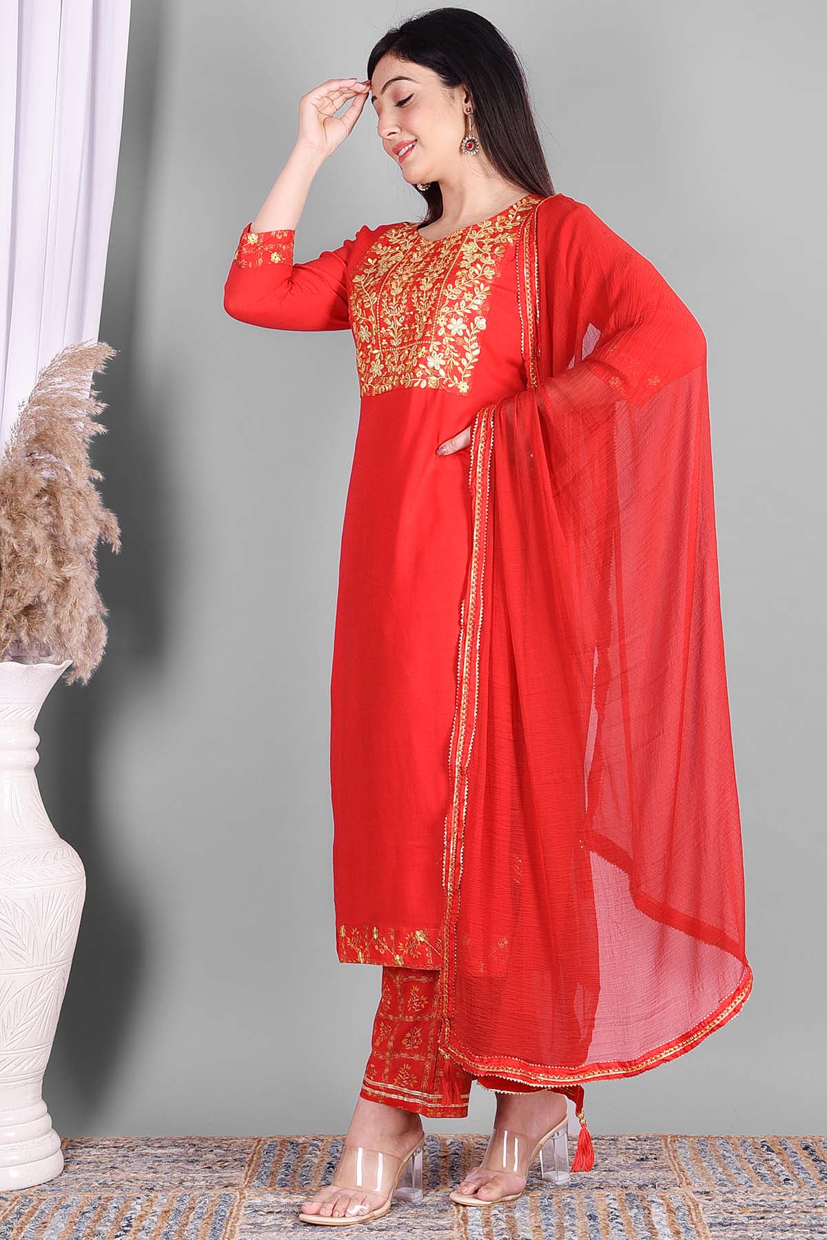 Red Ethnic Embroidered Suit Set - DWEEP SARA