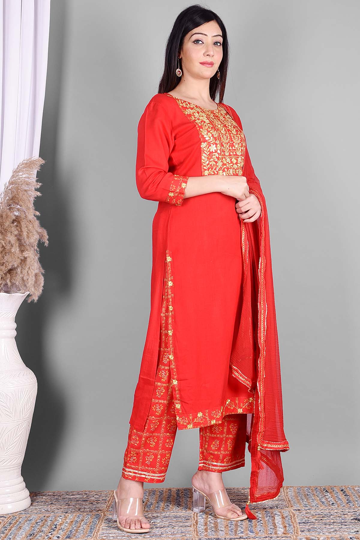 Red Ethnic Embroidered Suit Set - DWEEP SARA