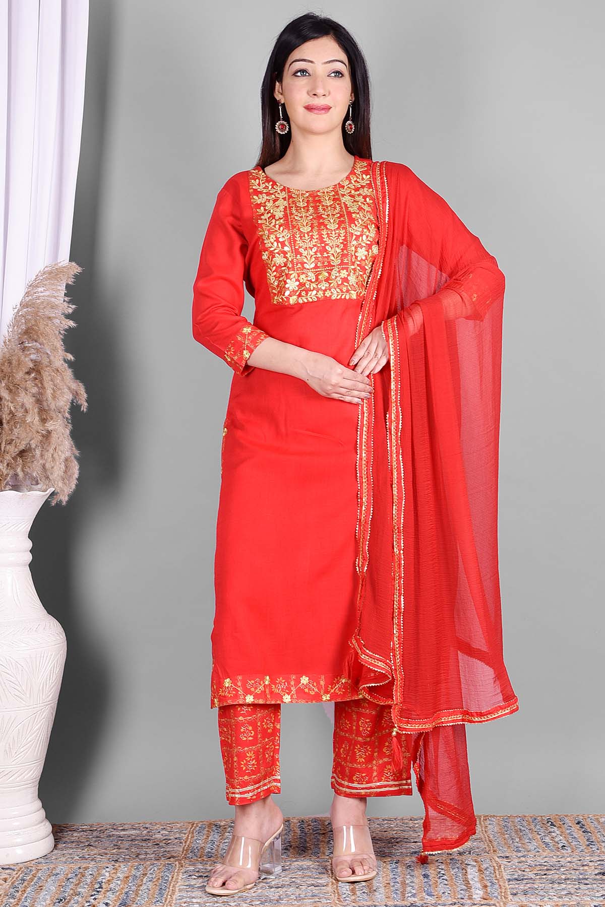 Red Ethnic Embroidered Suit Set - DWEEP SARA