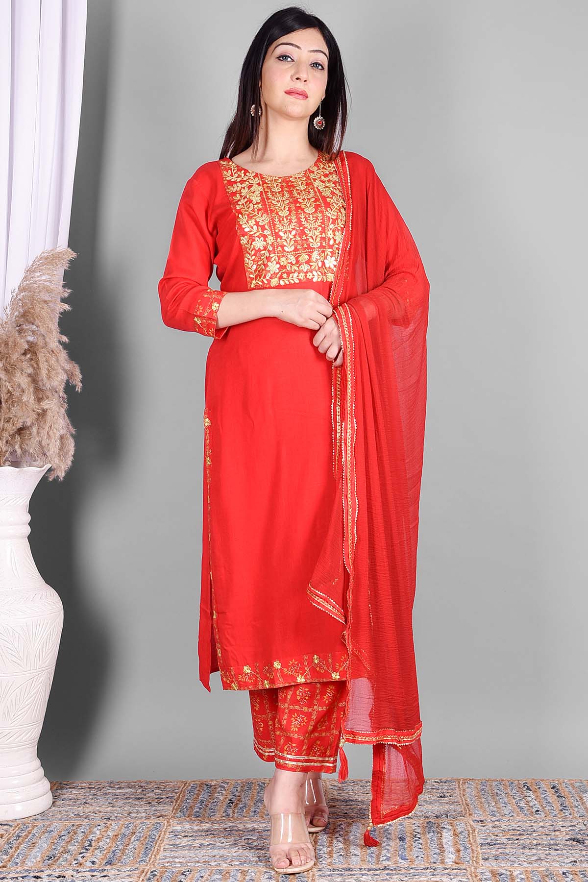 Red Ethnic Embroidered Suit Set - DWEEP SARA