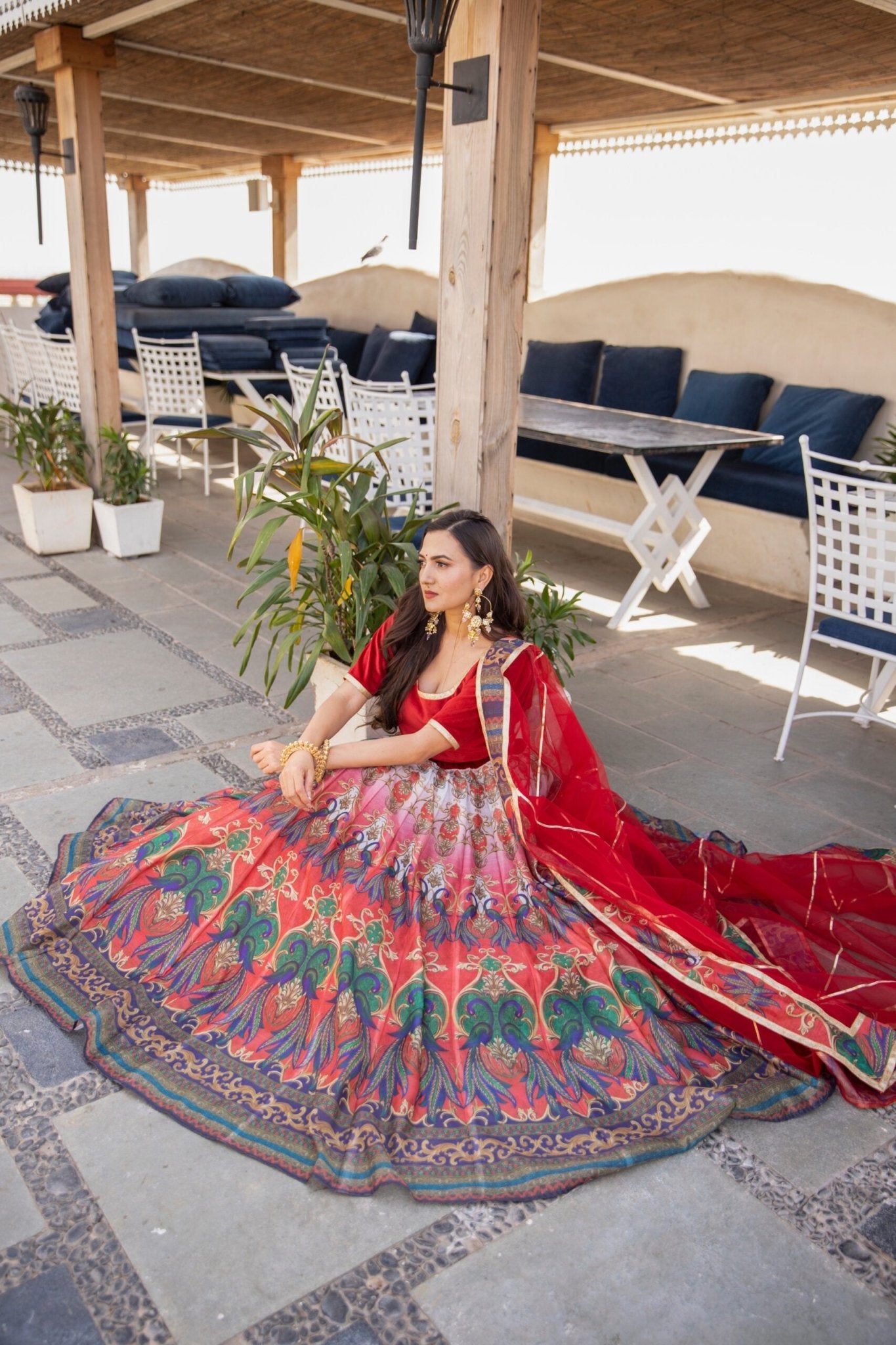 RED PEACOCK CHANDERI LEHNGA CHOLI - DWEEP SARA