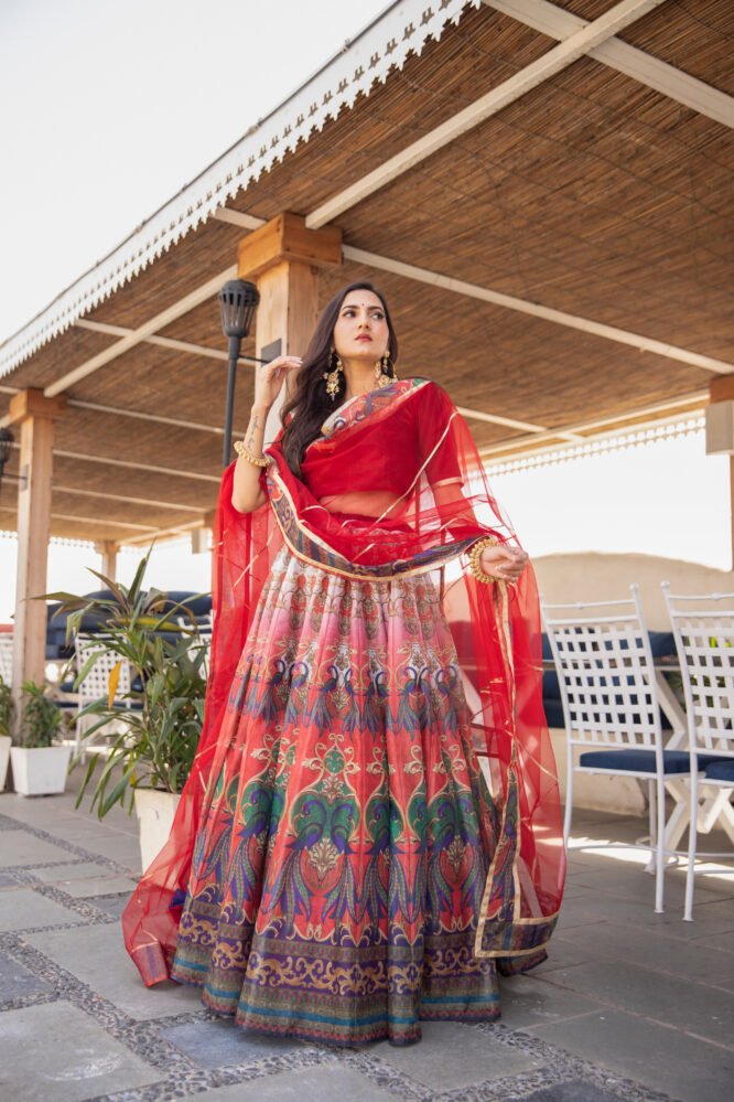 RED PEACOCK CHANDERI LEHNGA CHOLI - DWEEP SARA