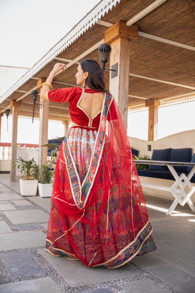 RED PEACOCK CHANDERI LEHNGA CHOLI - DWEEP SARA