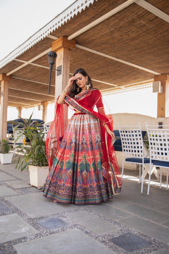 RED PEACOCK CHANDERI LEHNGA CHOLI - DWEEP SARA