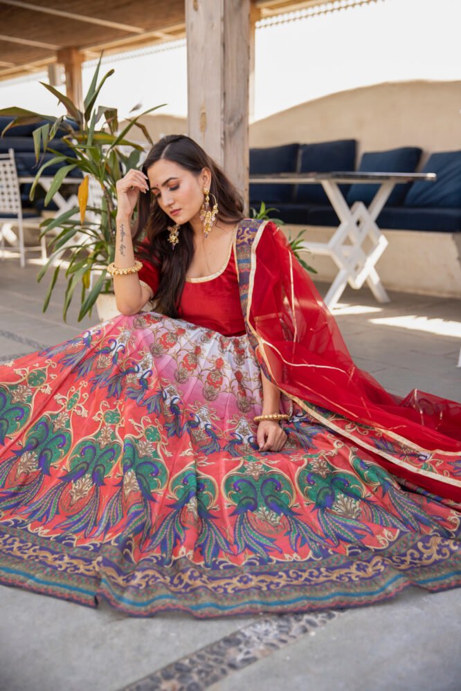 RED PEACOCK CHANDERI LEHNGA CHOLI - DWEEP SARA