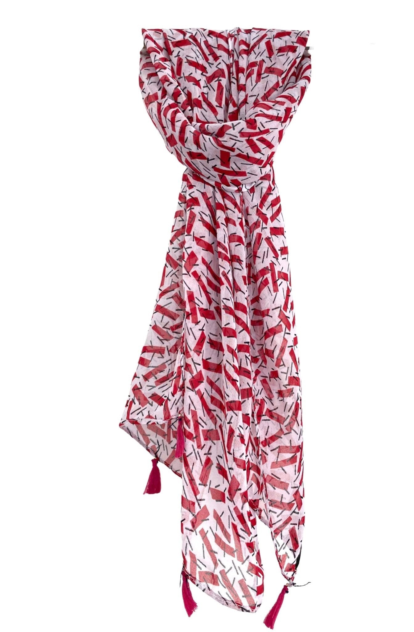 Red Print Scarf with Tassels - DWEEP SARA