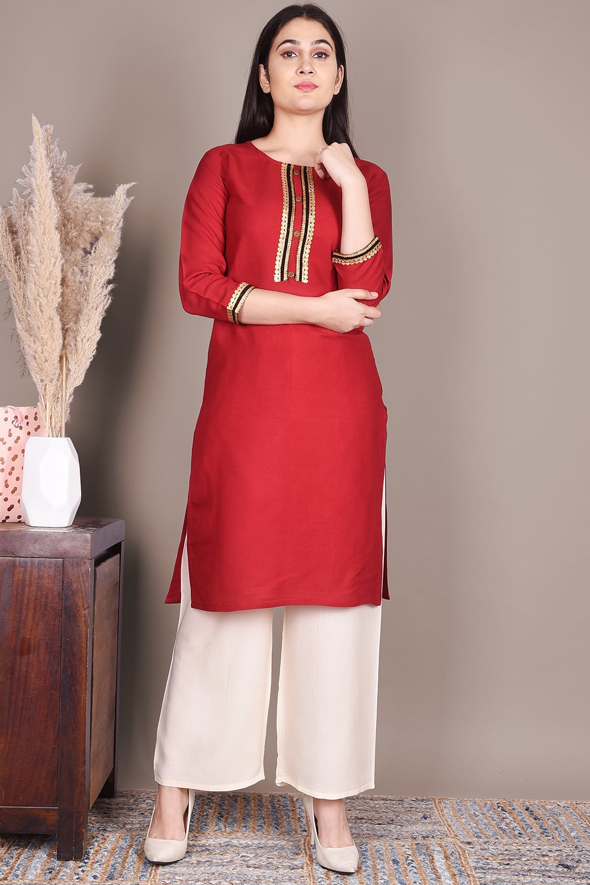 Red Solid Straight Rayon Kurta - DWEEP SARA