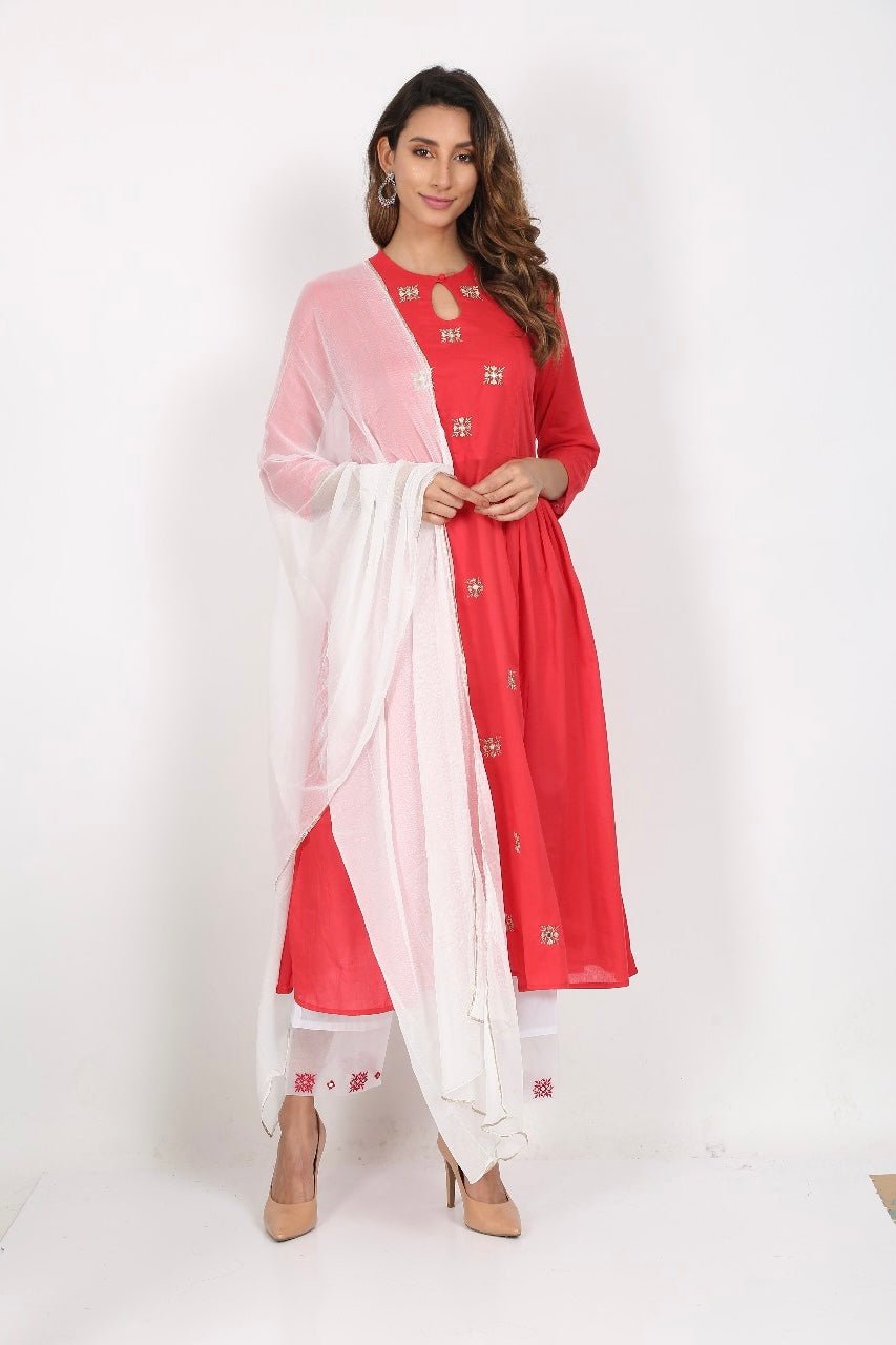 RED WHITE SHEESHA SUIT SET - DWEEP SARA