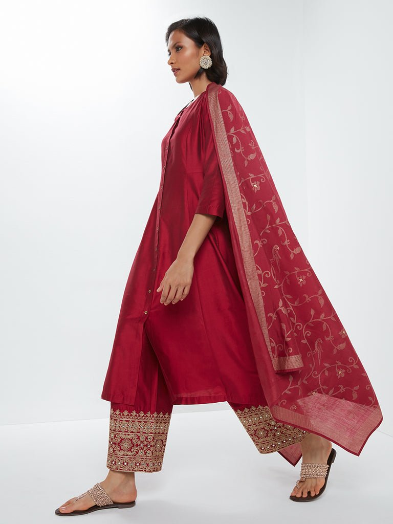 Rich Maroon Embroidered Silk Viscose Banarsi Suit Set - DWEEP SARA