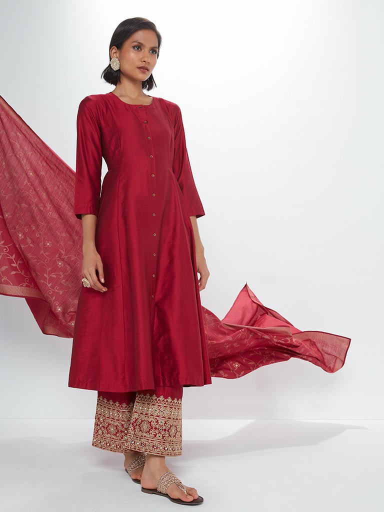 Rich Maroon Embroidered Silk Viscose Banarsi Suit Set - DWEEP SARA