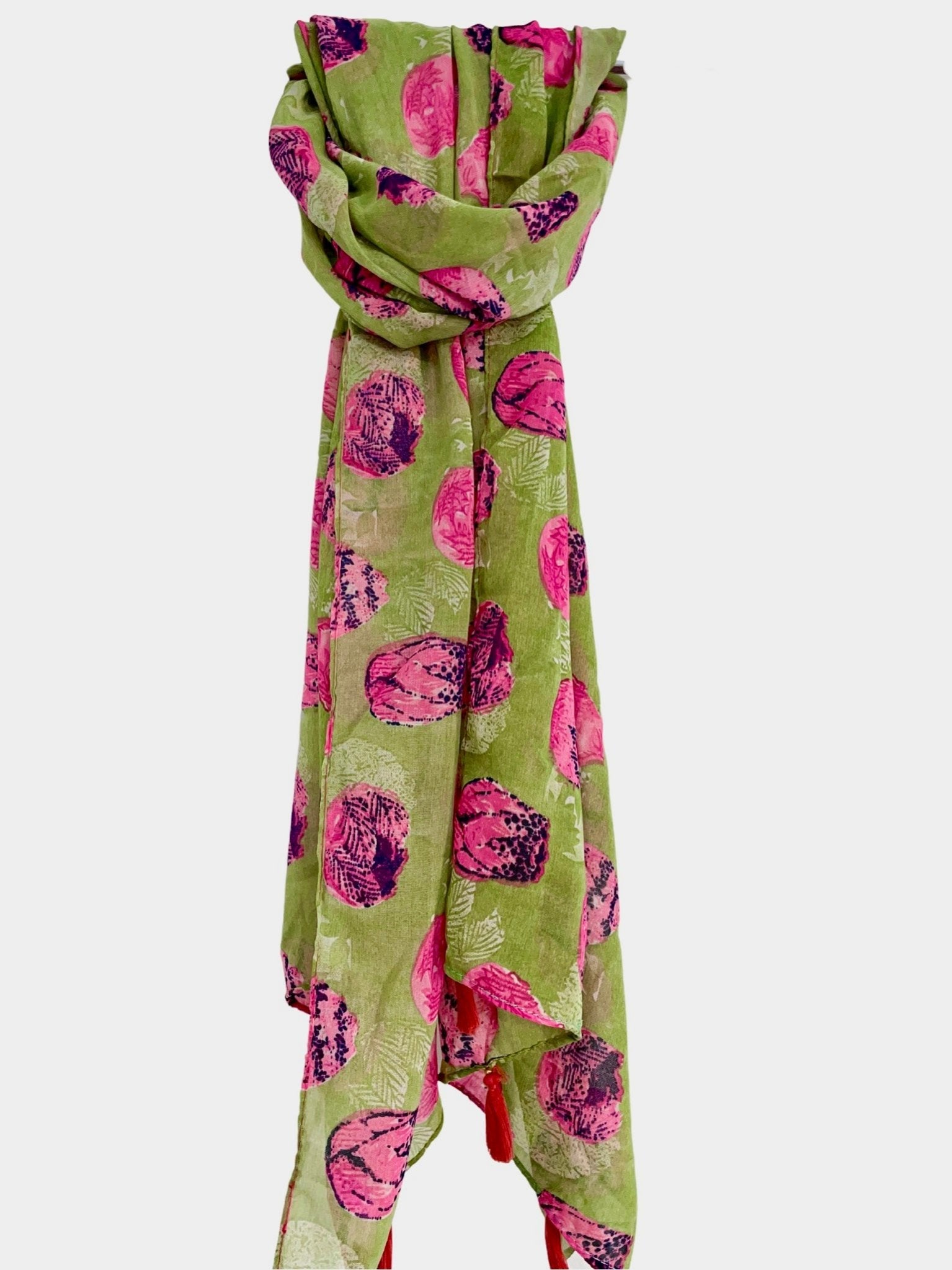 Rose Print Scarf with Tassels - DWEEP SARA