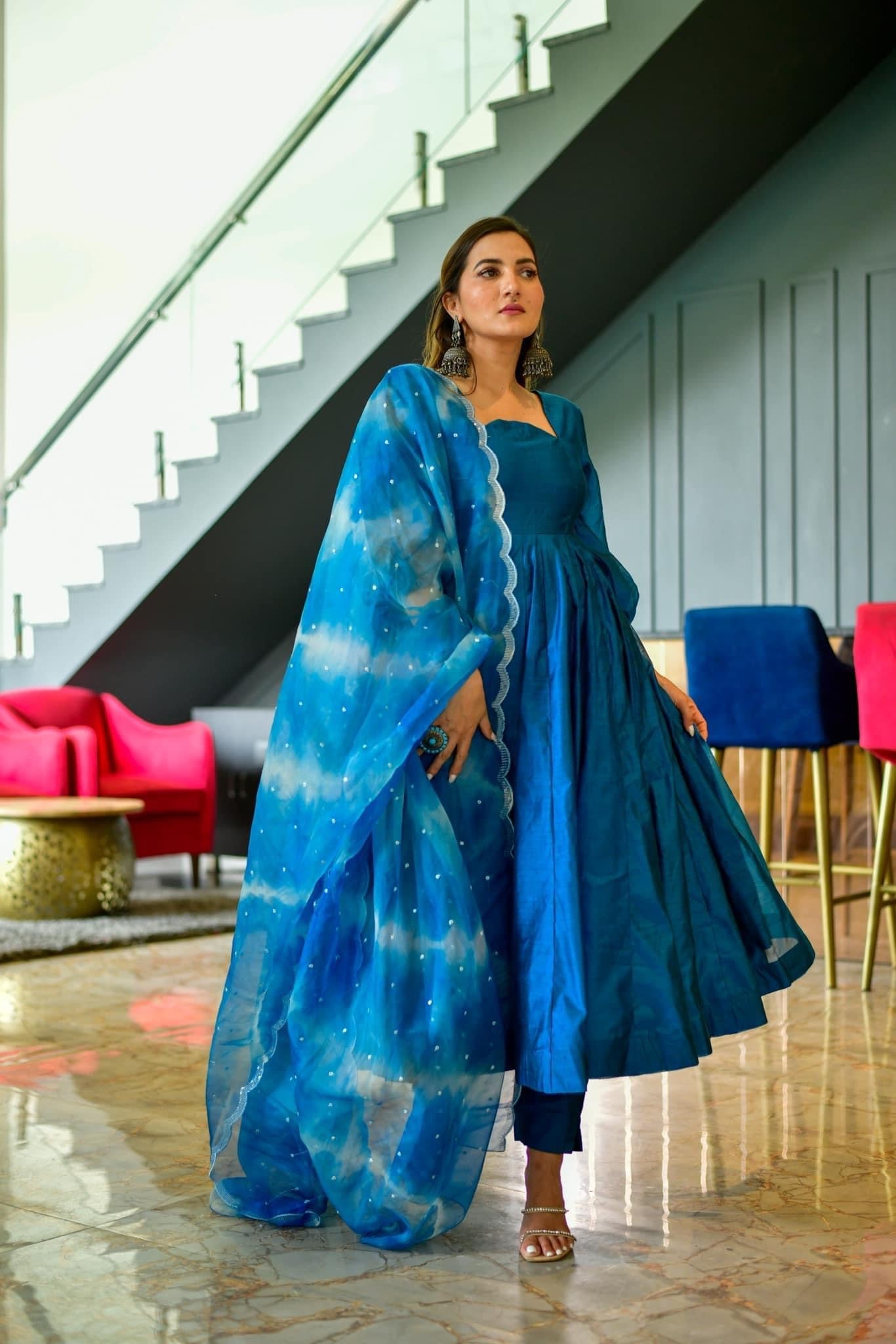 Royal Blue Chanderi Suit Organza Dupatta Set - DWEEP SARA