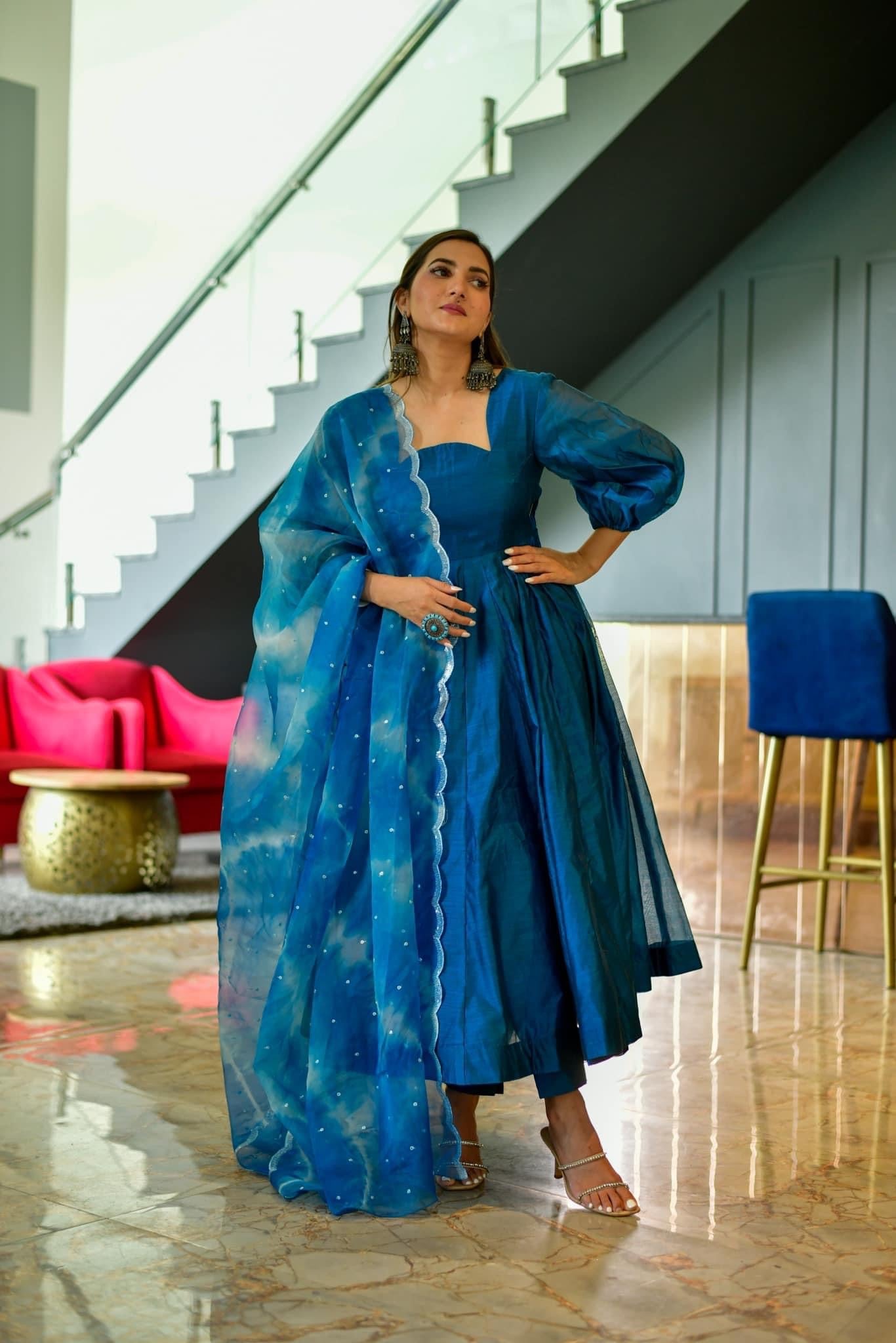 Royal Blue Chanderi Suit Organza Dupatta Set - DWEEP SARA