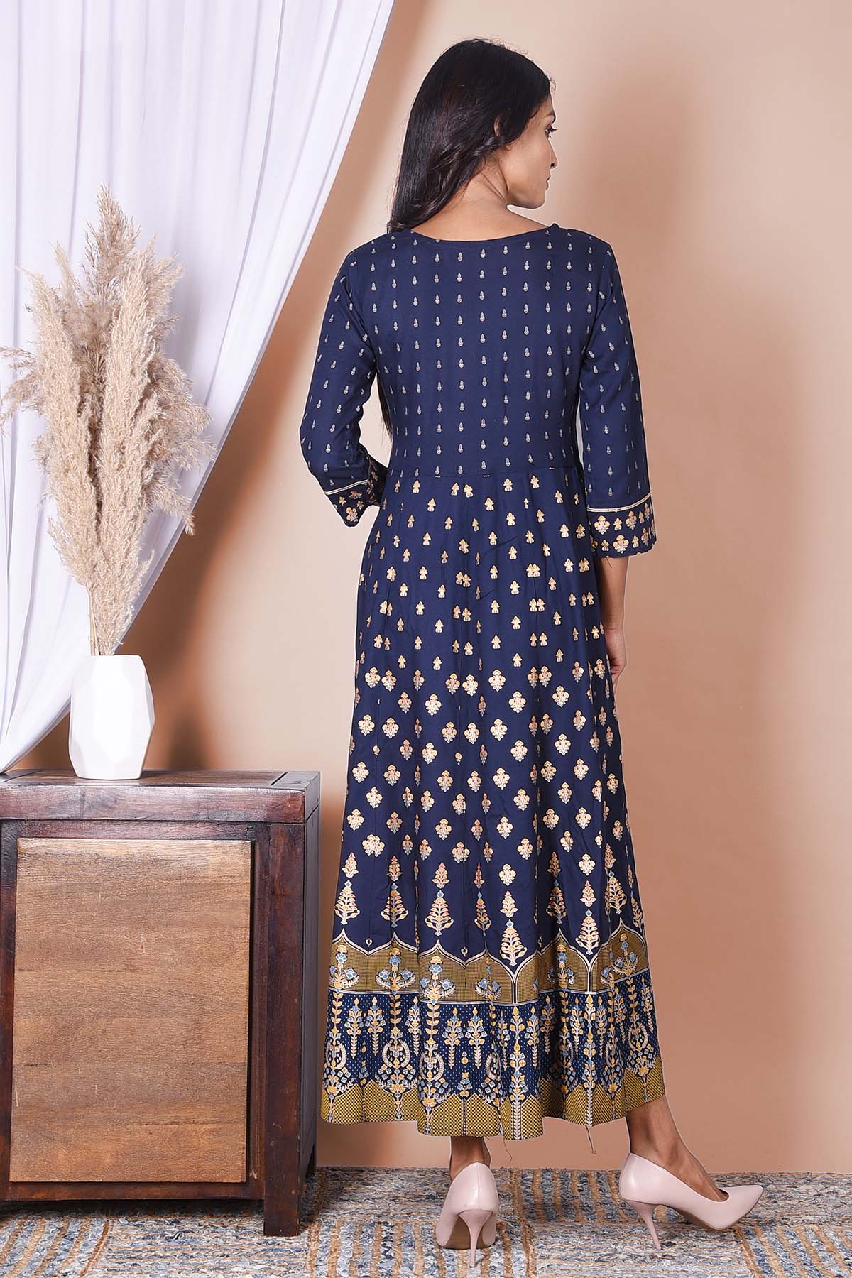 Royal Blue Golden Print Rayon Dress - DWEEP SARA