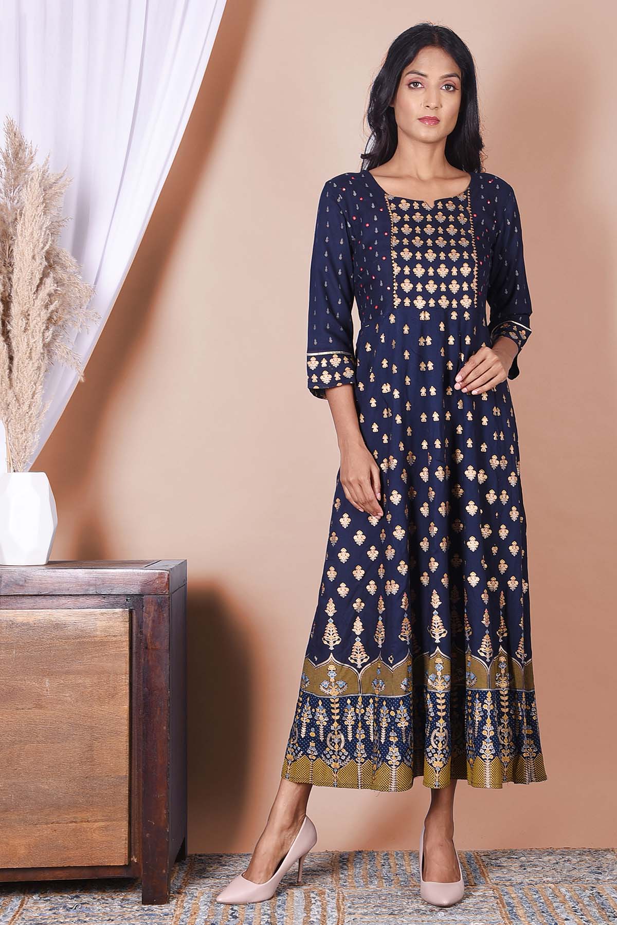 Royal Blue Golden Print Rayon Dress - DWEEP SARA