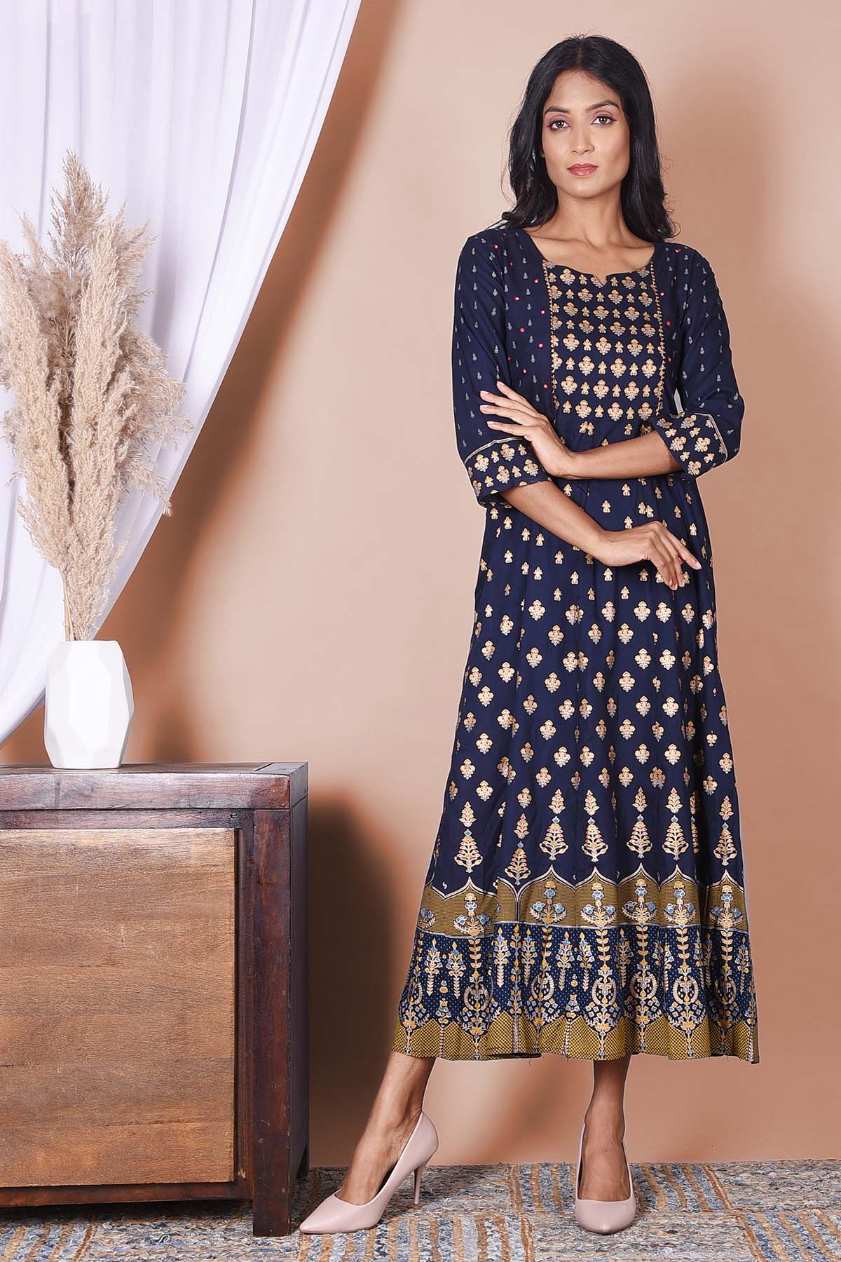 Royal Blue Golden Print Rayon Dress - DWEEP SARA