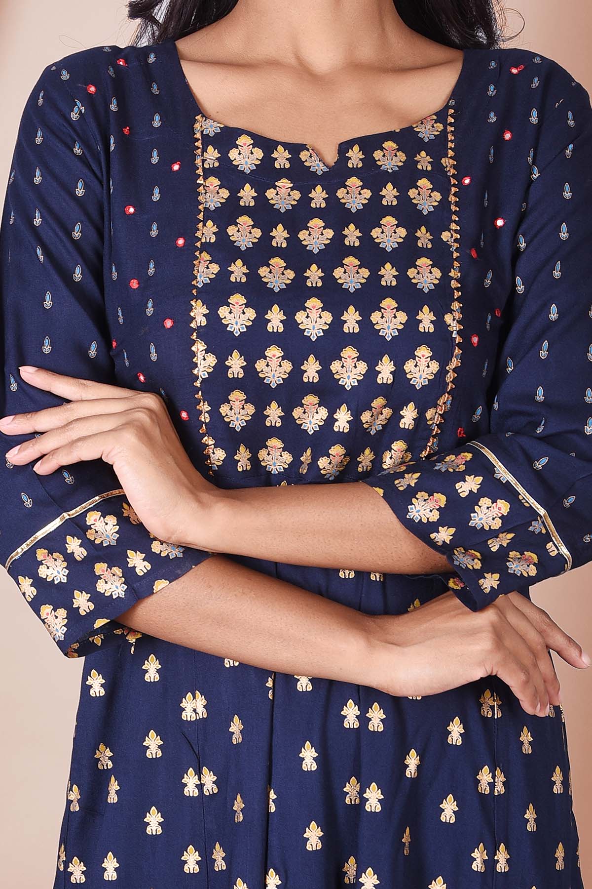 Royal Blue Golden Print Rayon Dress - DWEEP SARA