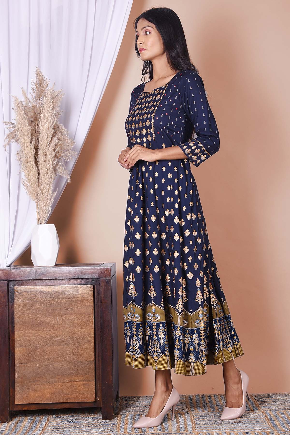 Royal Blue Golden Print Rayon Dress - DWEEP SARA