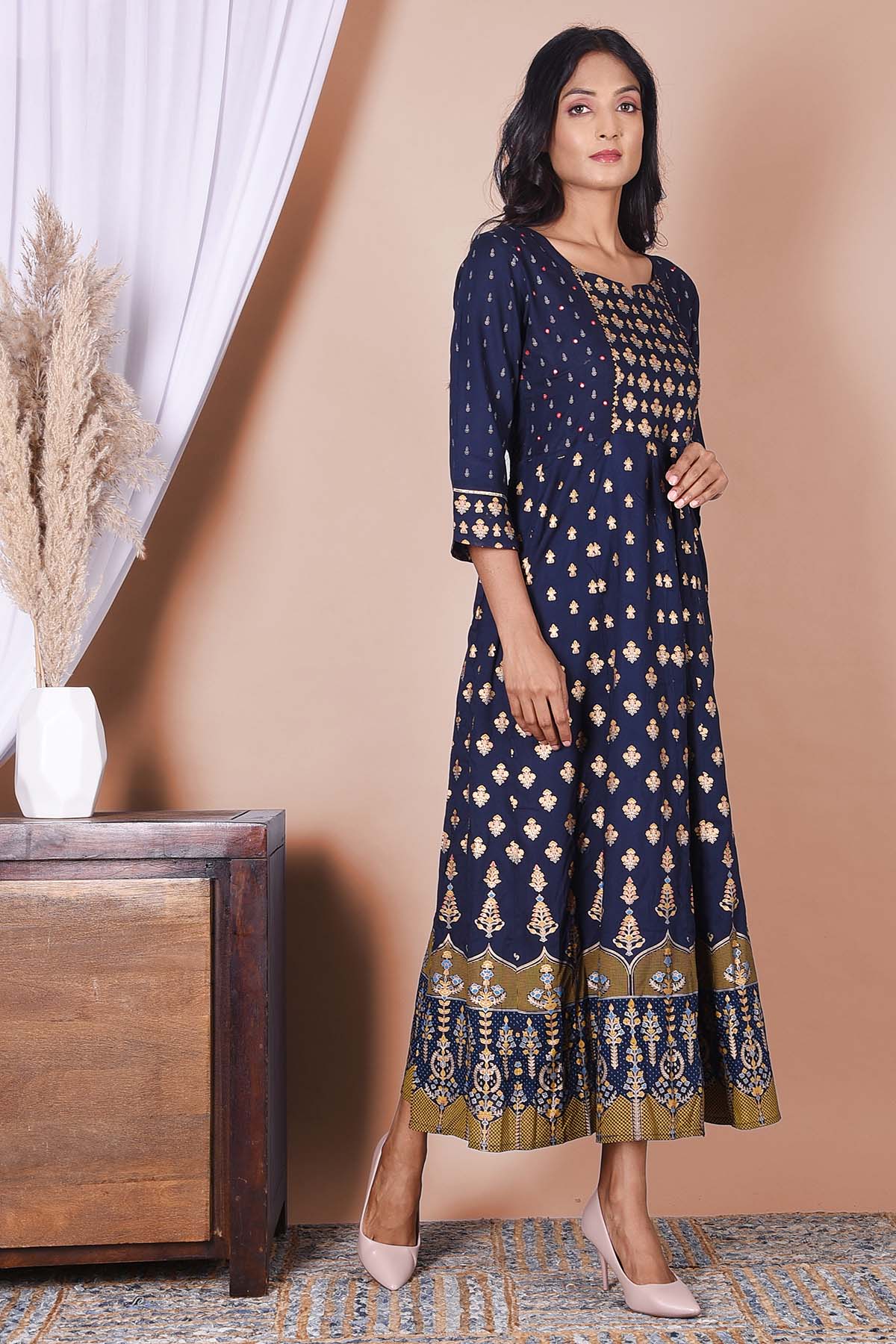 Royal Blue Golden Print Rayon Dress - DWEEP SARA