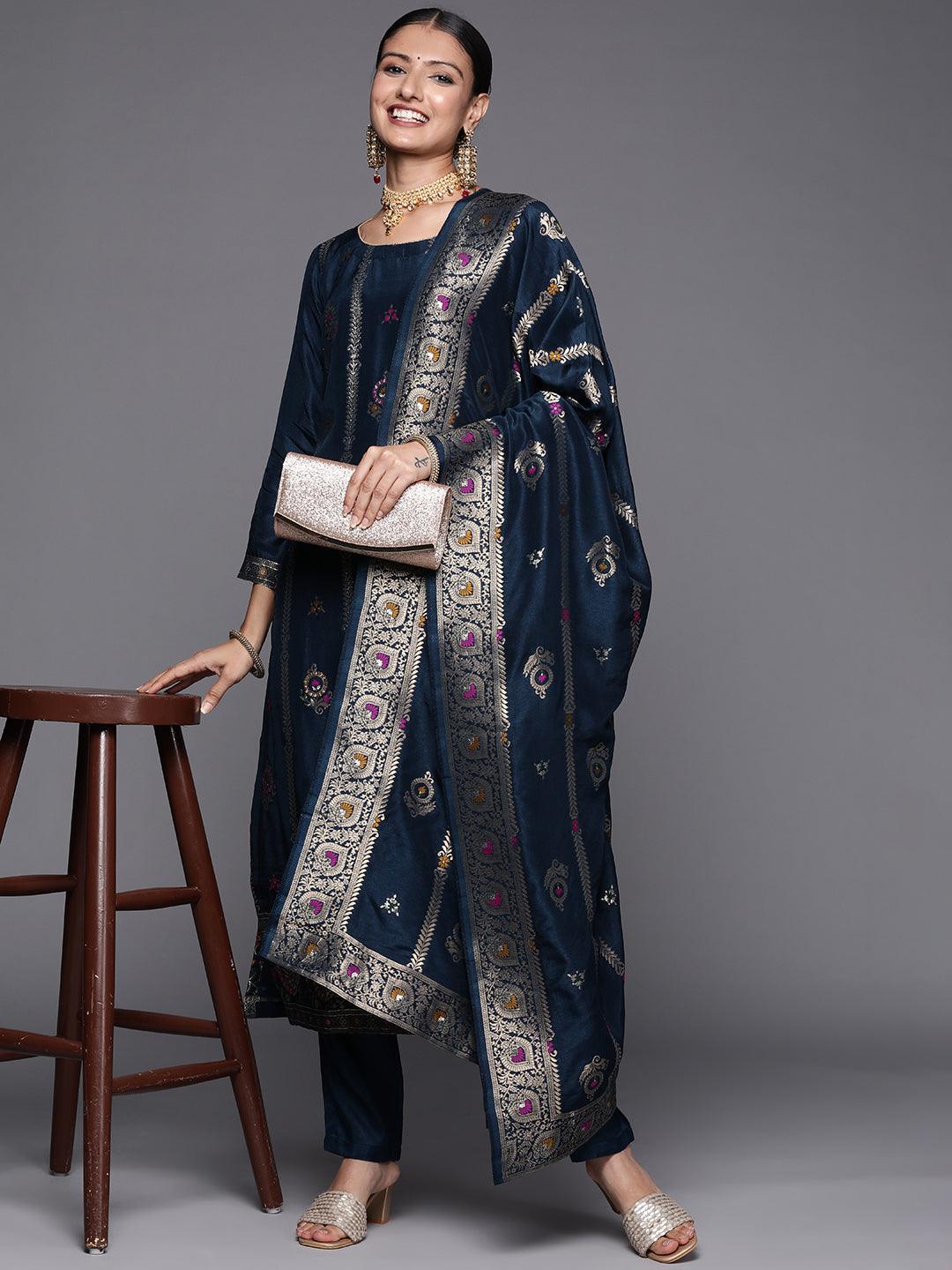 Royal Blue Premium Silk Blend Straight Suit Set - DWEEP SARA