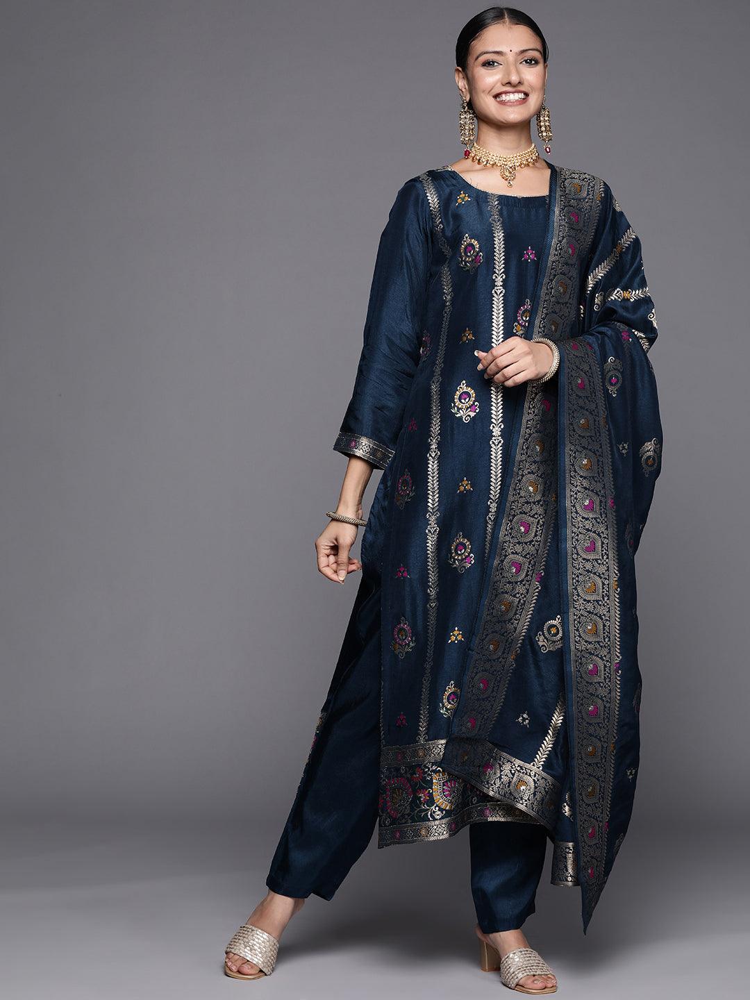 Royal Blue Premium Silk Blend Straight Suit Set - DWEEP SARA